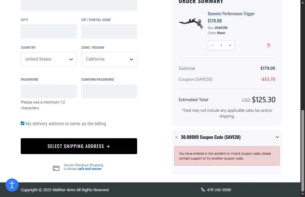 Walther Arms checkout page showing Walther Arms discount code box | Screenshot taken by SimplyCodes community member on Dec 18, 2025