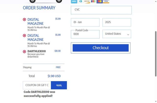 Walt Life Addiction Subscription checkout page showing Walt Life Addiction Subscription promo code box | Screenshot taken by SimplyCodes community member on Aug 30, 2025