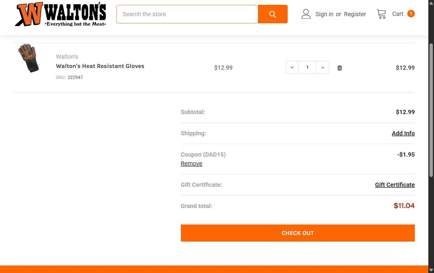 Walton's checkout page showing Walton's coupon code box | Screenshot taken by SimplyCodes community member on Jun 9, 2025