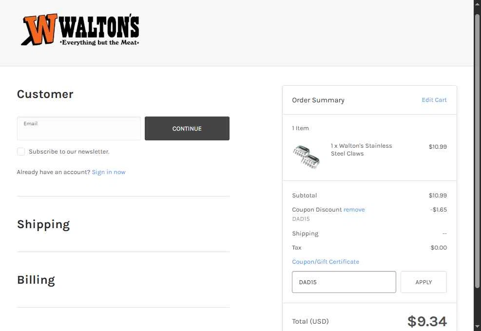 Walton's checkout page showing Walton's coupon code box | Screenshot taken by SimplyCodes community member on Jun 9, 2025