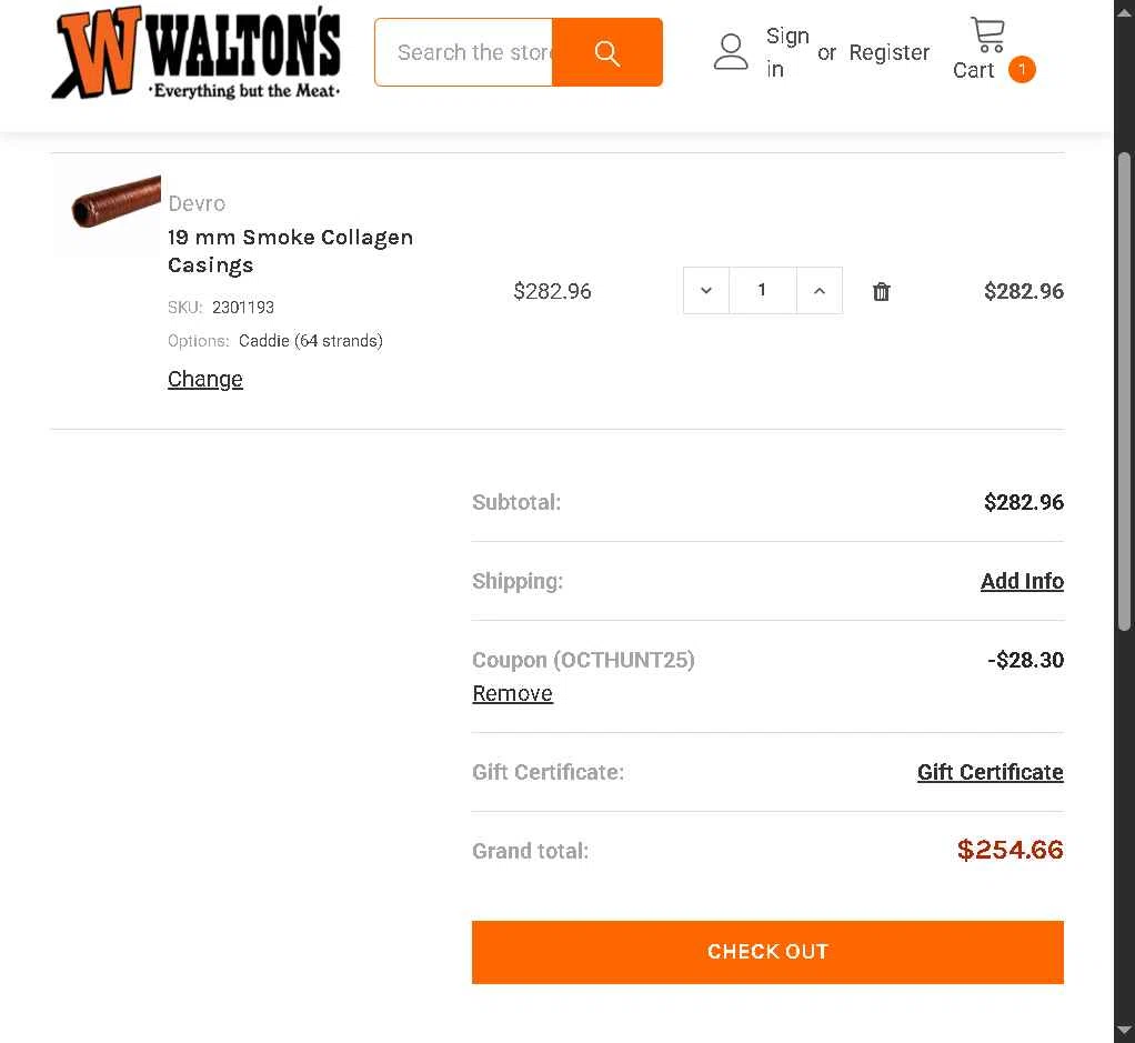Walton's checkout page showing Walton's coupon code box | Screenshot taken by SimplyCodes community member on Oct 27, 2025
