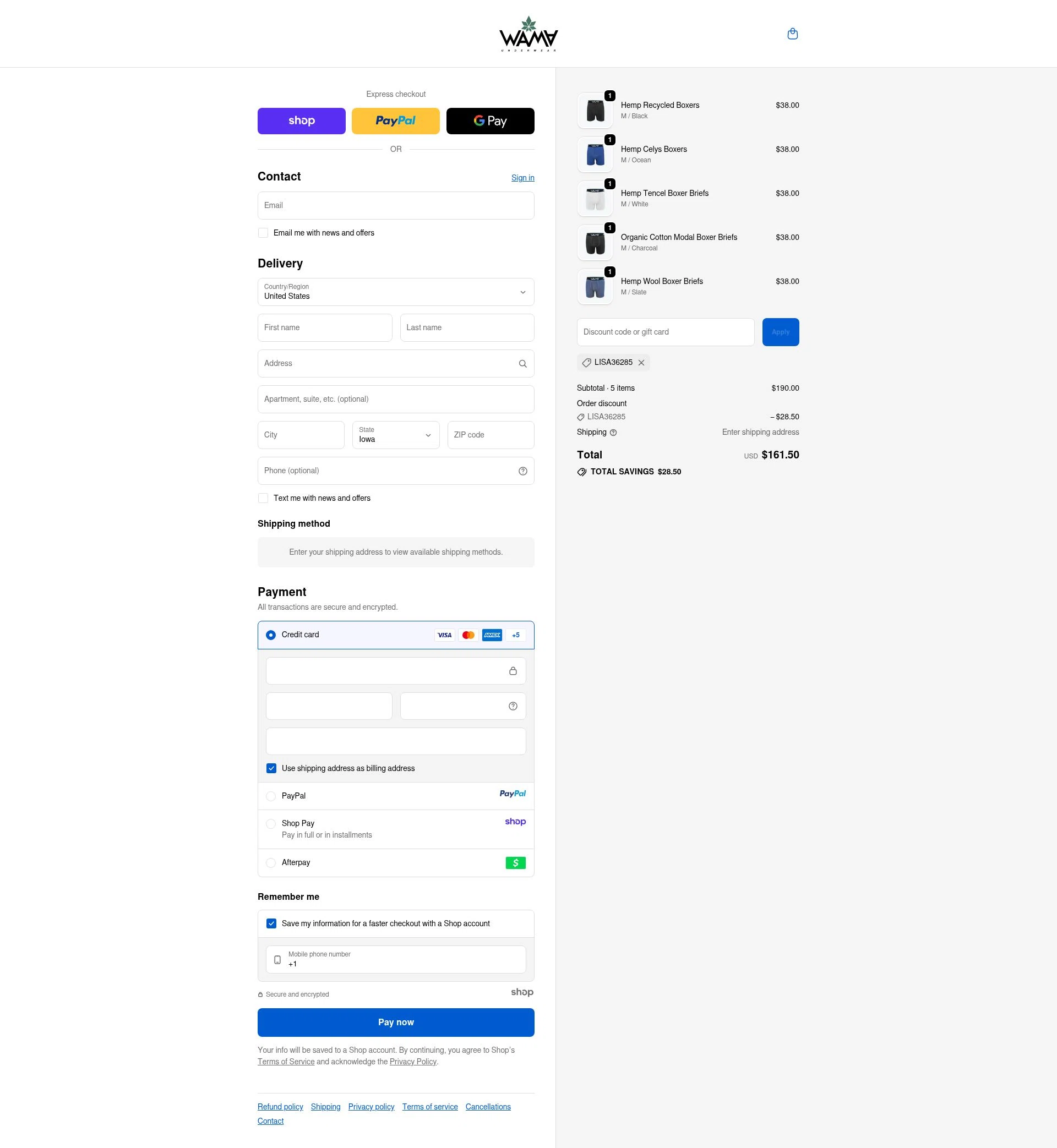 WAMA Underwear checkout page showing WAMA Underwear discount code box | Screenshot taken by SimplyCodes community member on Oct 29, 2025