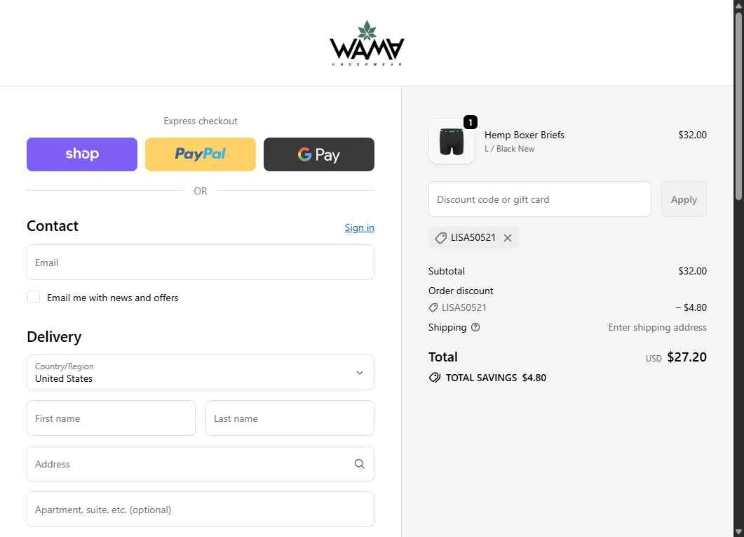 WAMA Underwear checkout page showing WAMA Underwear discount code box | Screenshot taken by SimplyCodes community member on Oct 20, 2025