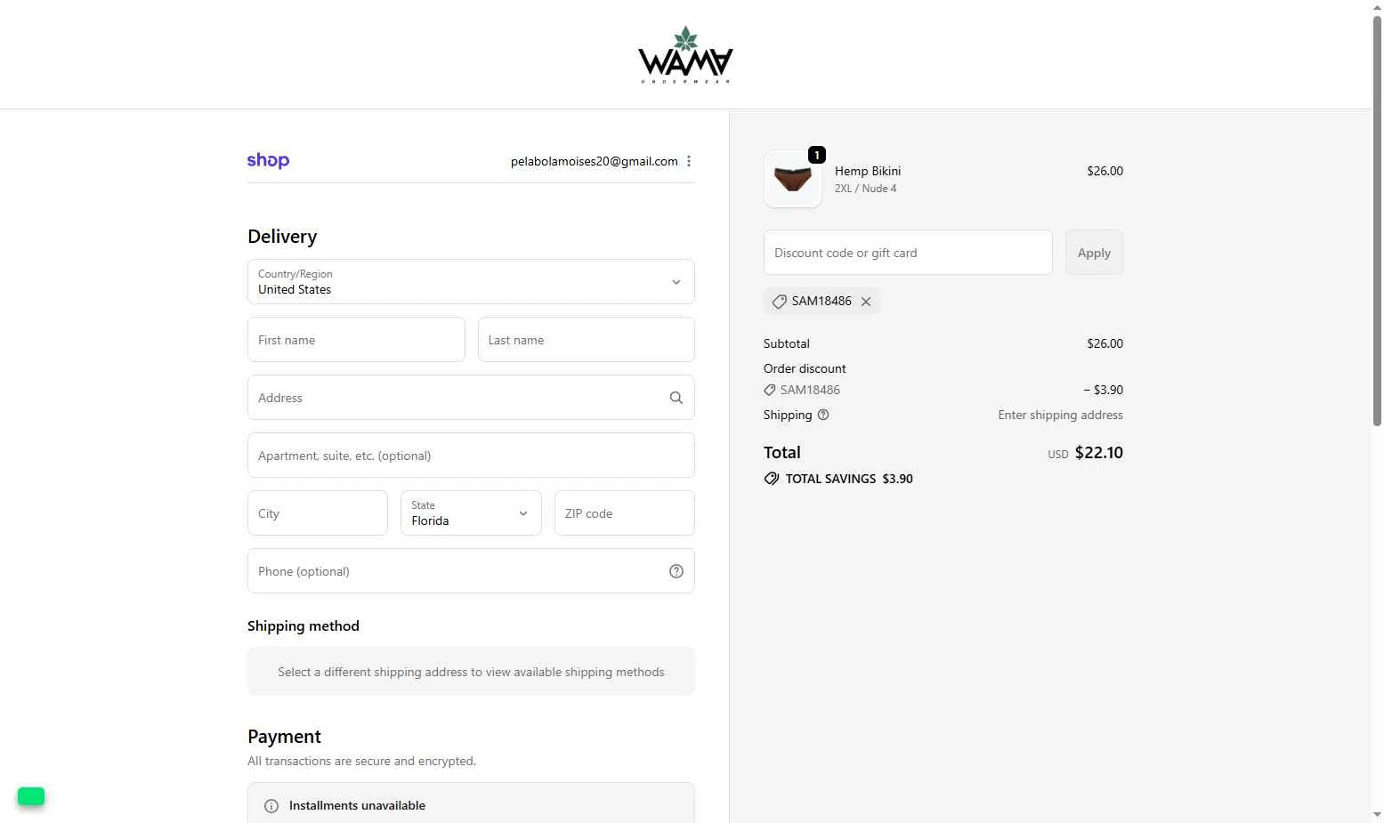 WAMA Underwear checkout page showing WAMA Underwear discount code box | Screenshot taken by SimplyCodes community member on Nov 27, 2025