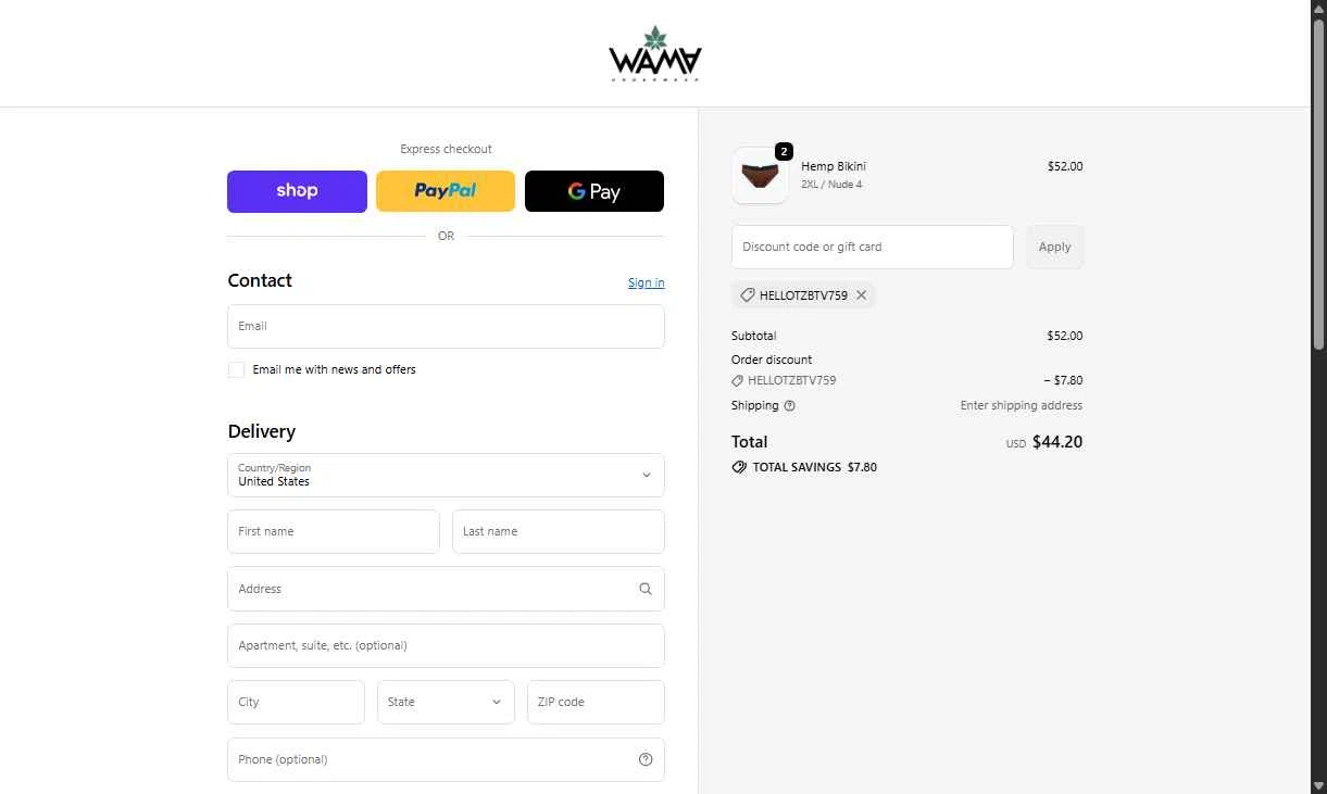 WAMA Underwear checkout page showing WAMA Underwear discount code box | Screenshot taken by SimplyCodes community member on Nov 6, 2025
