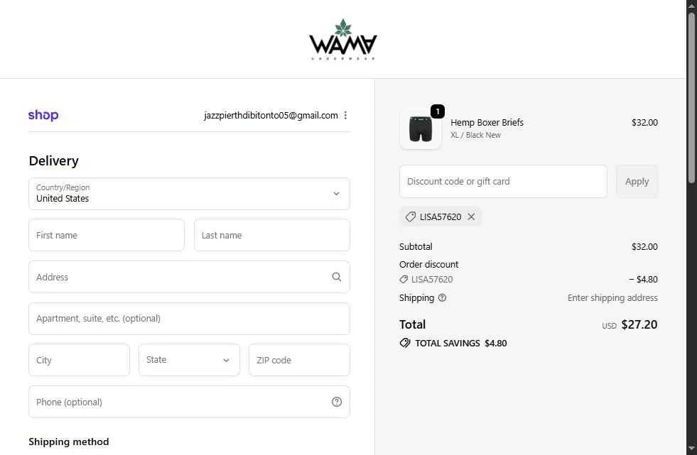 WAMA Underwear checkout page showing WAMA Underwear discount code box | Screenshot taken by SimplyCodes community member on Oct 23, 2025