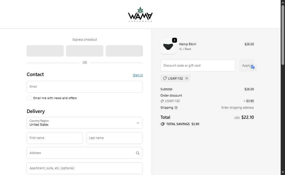 WAMA Underwear checkout page showing WAMA Underwear discount code box | Screenshot taken by SimplyCodes community member on Oct 16, 2025