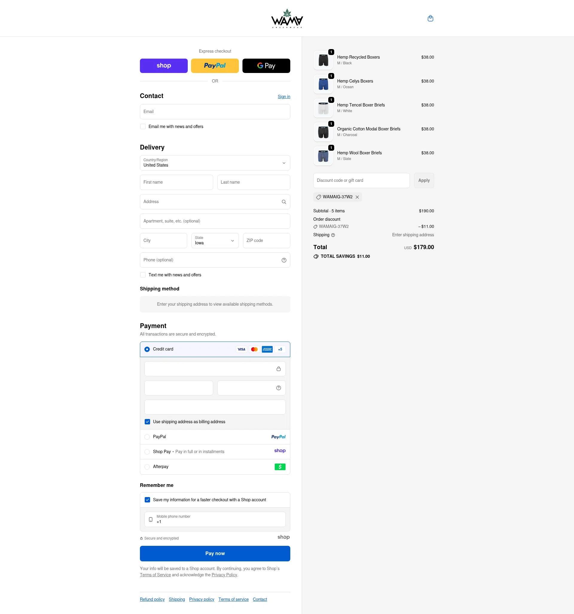 WAMA Underwear checkout page showing WAMA Underwear discount code box | Screenshot taken by SimplyCodes community member on Nov 22, 2025