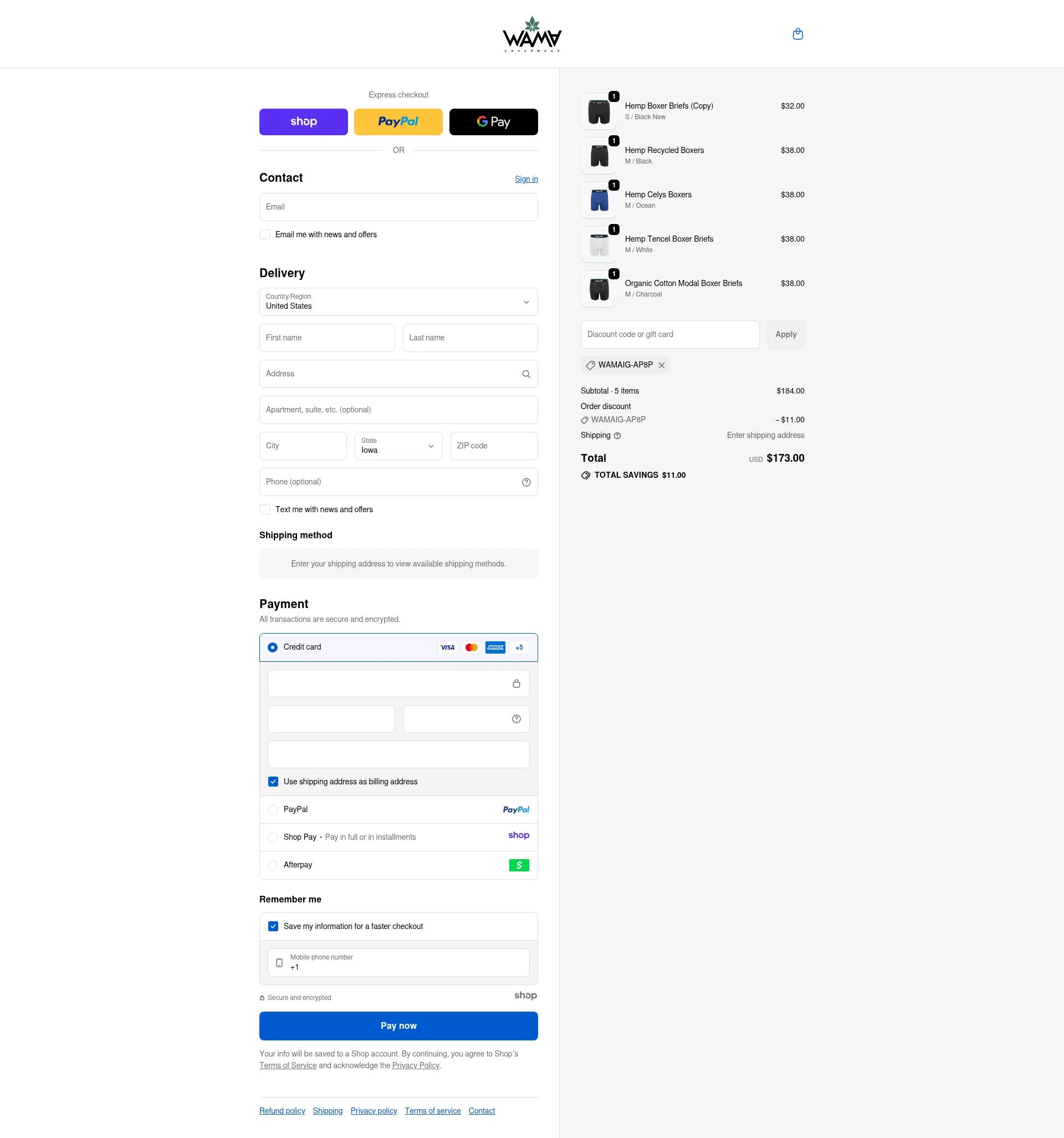 WAMA Underwear checkout page showing WAMA Underwear discount code box | Screenshot taken by SimplyCodes community member on Dec 13, 2025