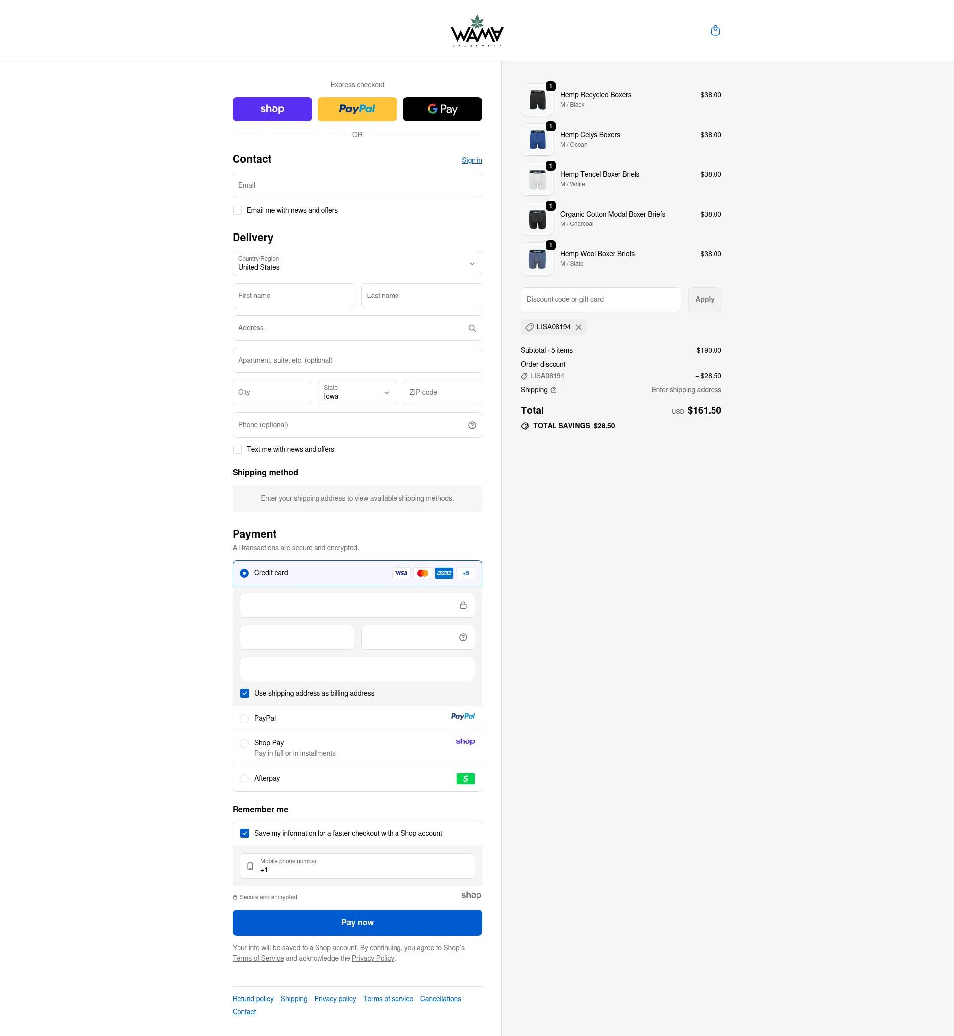 WAMA Underwear checkout page showing WAMA Underwear discount code box | Screenshot taken by SimplyCodes community member on Oct 13, 2025