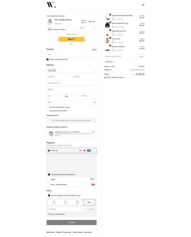 Wanan Luxury checkout page showing Wanan Luxury discount code box | Screenshot taken by SimplyCodes community member on Sep 14, 2025