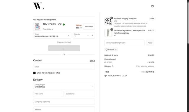Wanan Luxury checkout page showing Wanan Luxury discount code box | Screenshot taken by SimplyCodes community member on Sep 12, 2025