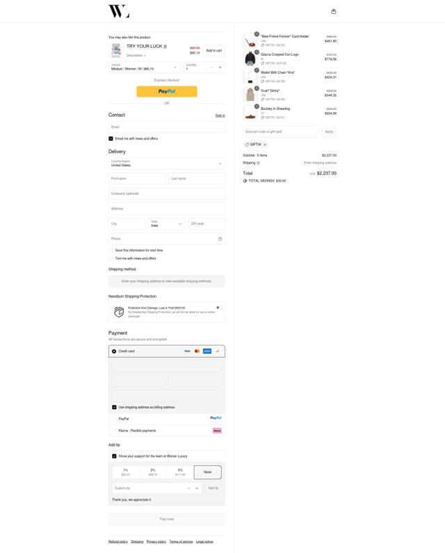 Wanan Luxury checkout page showing Wanan Luxury discount code box | Screenshot taken by SimplyCodes community member on Sep 11, 2025