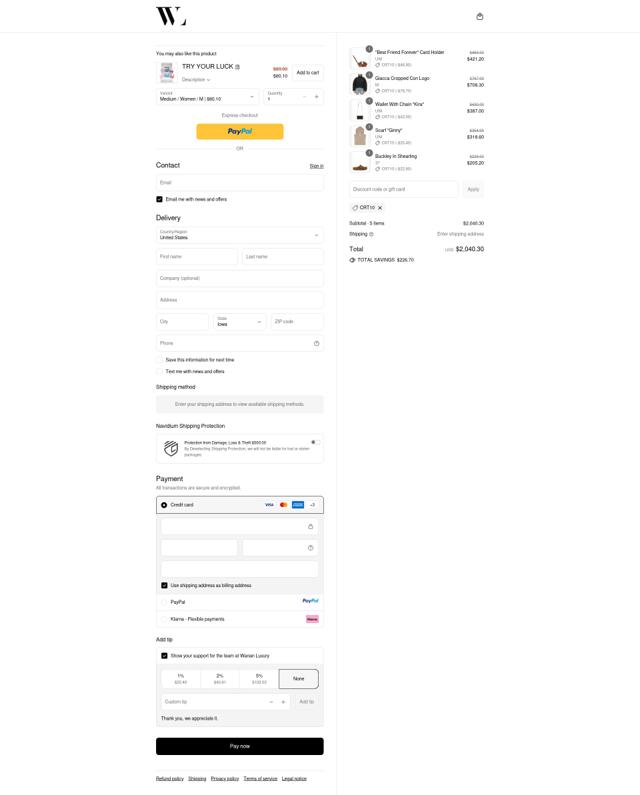 Wanan Luxury checkout page showing Wanan Luxury discount code box | Screenshot taken by SimplyCodes community member on Sep 11, 2025