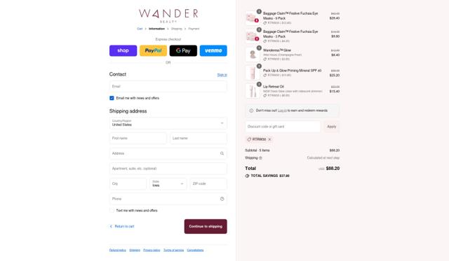 Wander Beauty checkout page showing Wander Beauty promo code box | Screenshot taken by SimplyCodes community member on Sep 12, 2025