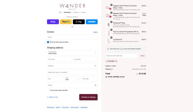 Wander Beauty checkout page showing Wander Beauty promo code box | Screenshot taken by SimplyCodes community member on Sep 12, 2025