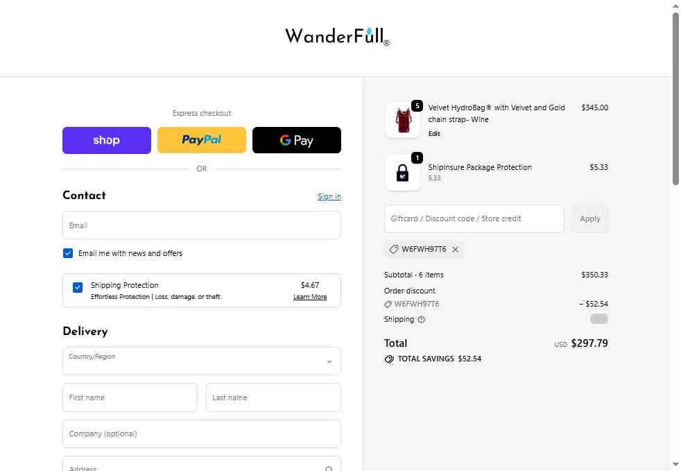 WanderFull checkout page showing WanderFull discount code box | Screenshot taken by SimplyCodes community member on Dec 31, 2025