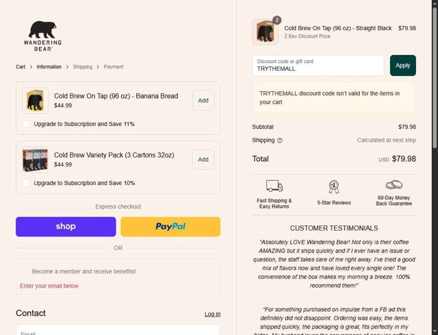 Wandering Bear checkout page showing Wandering Bear discount code box | Screenshot taken by SimplyCodes community member on Sep 4, 2025