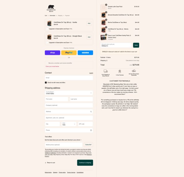 Wandering Bear checkout page showing Wandering Bear discount code box | Screenshot taken by SimplyCodes community member on Sep 4, 2025