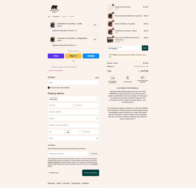 Wandering Bear checkout page showing Wandering Bear discount code box | Screenshot taken by SimplyCodes community member on Sep 4, 2025