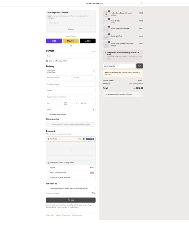 Wanderlust + Co checkout page showing Wanderlust + Co promo code box | Screenshot taken by SimplyCodes community member on Sep 2, 2025