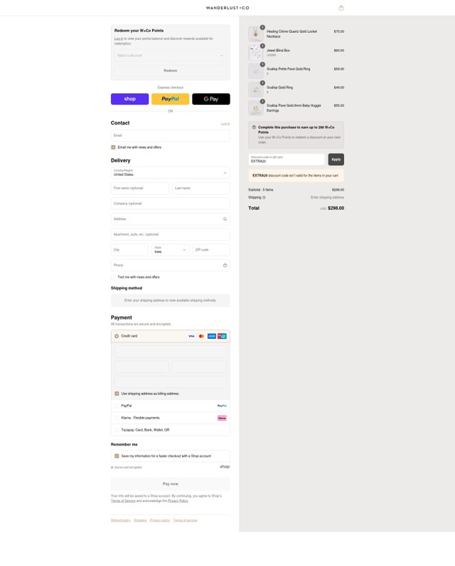 Wanderlust + Co checkout page showing Wanderlust + Co promo code box | Screenshot taken by SimplyCodes community member on Aug 28, 2025