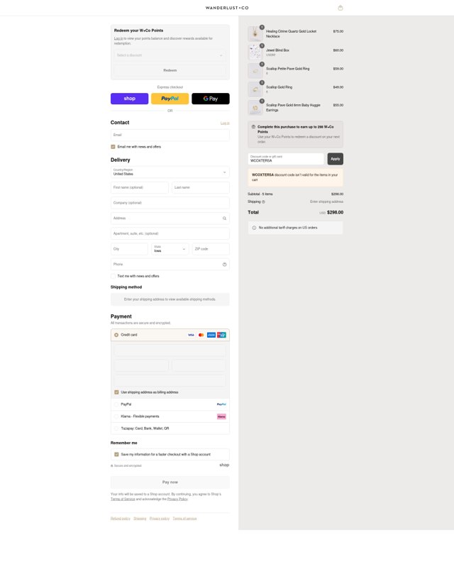 Wanderlust + Co checkout page showing Wanderlust + Co promo code box | Screenshot taken by SimplyCodes community member on Sep 2, 2025