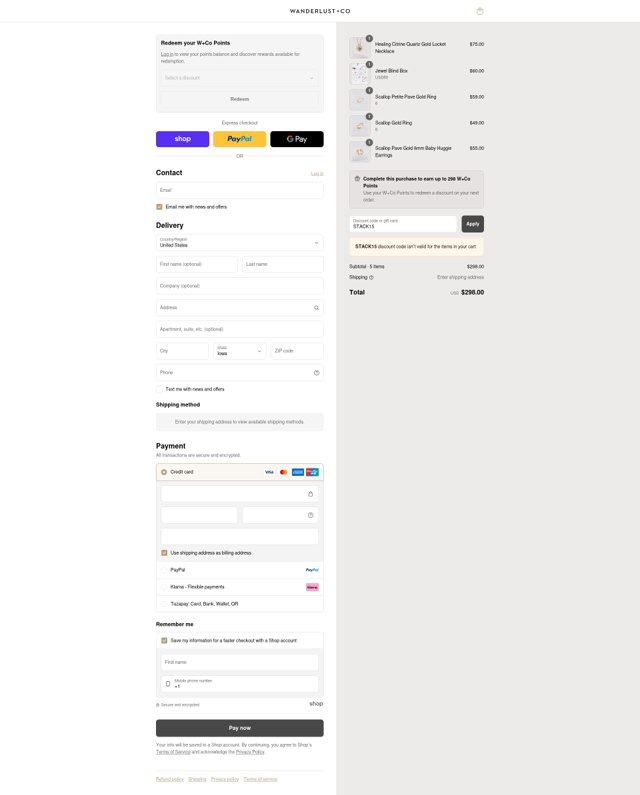 Wanderlust + Co checkout page showing Wanderlust + Co promo code box | Screenshot taken by SimplyCodes community member on Aug 28, 2025