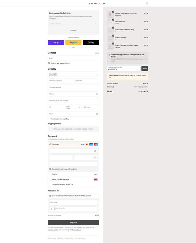 Wanderlust + Co checkout page showing Wanderlust + Co promo code box | Screenshot taken by SimplyCodes community member on Aug 28, 2025
