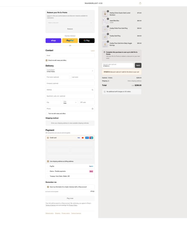 Wanderlust + Co checkout page showing Wanderlust + Co promo code box | Screenshot taken by SimplyCodes community member on Sep 2, 2025