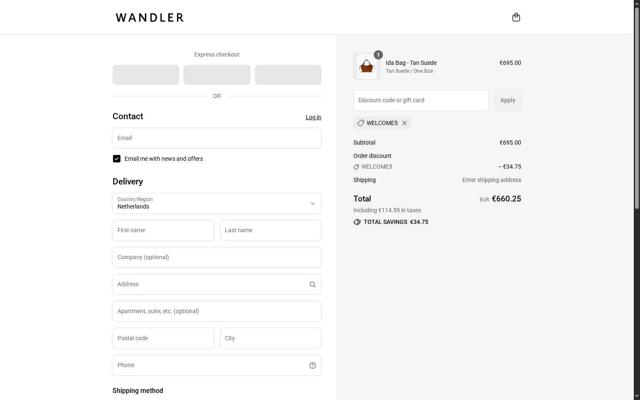 Wandler checkout page showing Wandler discount code box | Screenshot taken by SimplyCodes community member on Sep 5, 2025