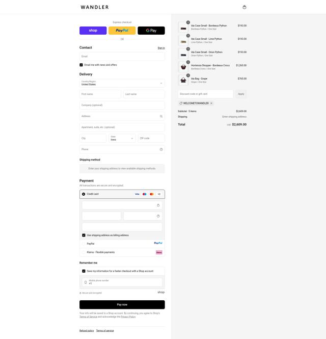 Wandler checkout page showing Wandler discount code box | Screenshot taken by SimplyCodes community member on Sep 14, 2025