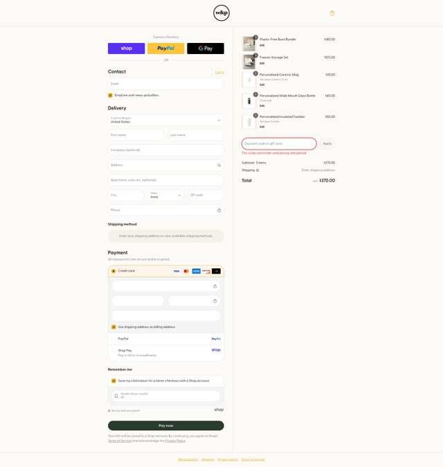 W&P checkout page showing W&P coupon code box | Screenshot taken by SimplyCodes community member on Sep 3, 2025