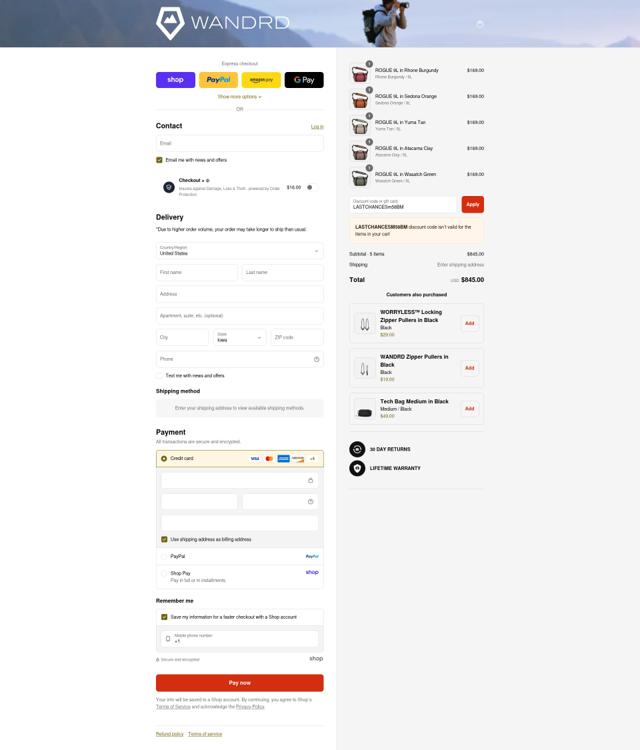 WANDRD checkout page showing WANDRD discount code box | Screenshot taken by SimplyCodes community member on Sep 7, 2025