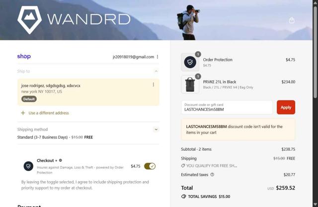 WANDRD checkout page showing WANDRD discount code box | Screenshot taken by SimplyCodes community member on Sep 6, 2025