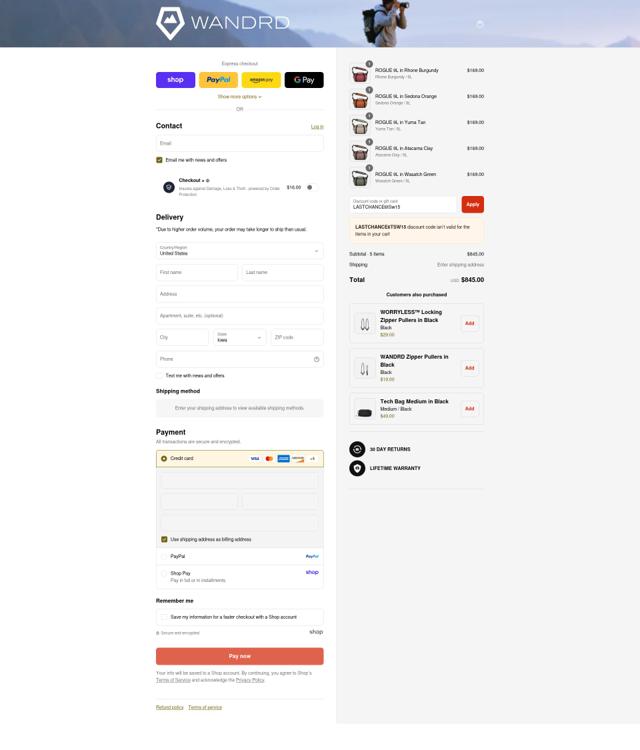 WANDRD checkout page showing WANDRD discount code box | Screenshot taken by SimplyCodes community member on Sep 7, 2025