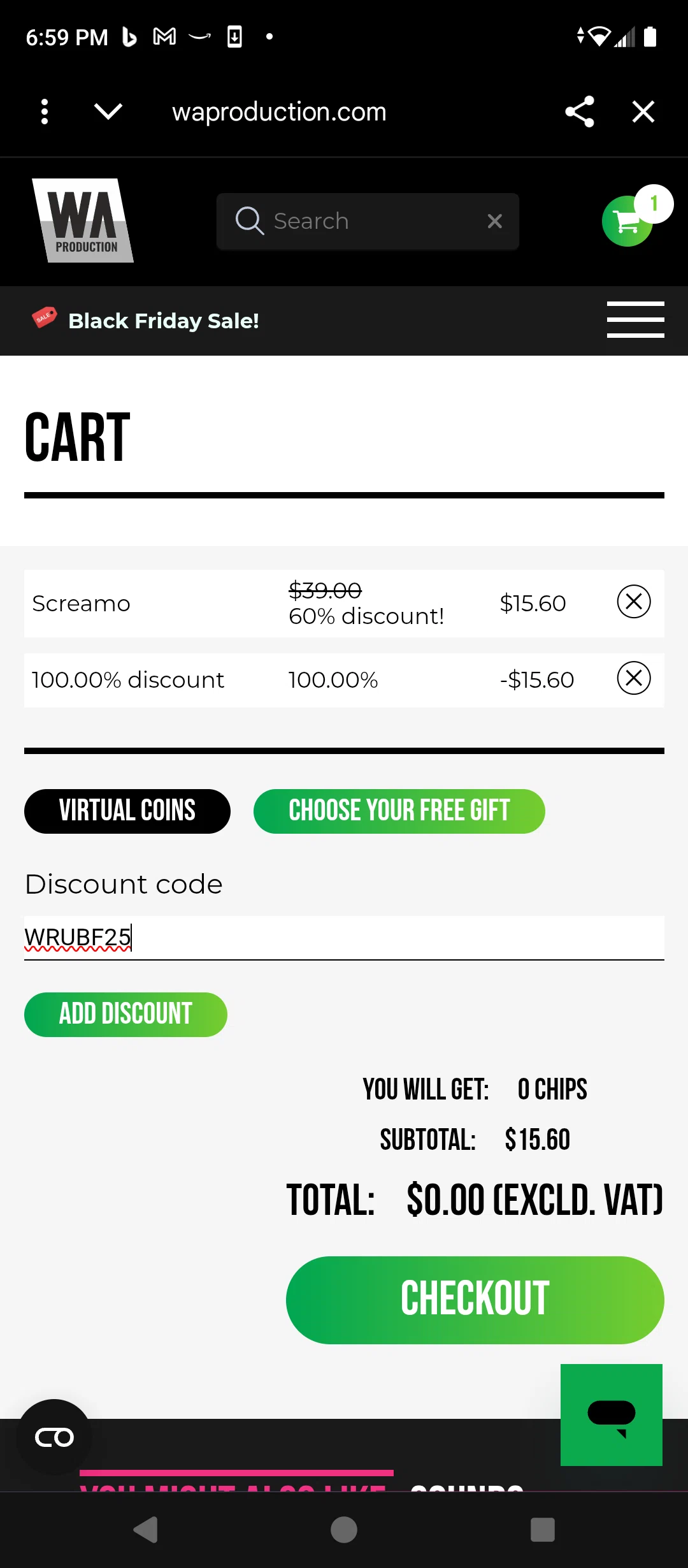W. A. Production promo code screenshot showing code WRUBF25 applied at W. A. Production checkout page. Uploaded by SimplyCodes community member Turtle1984 on Nov 25, 2025