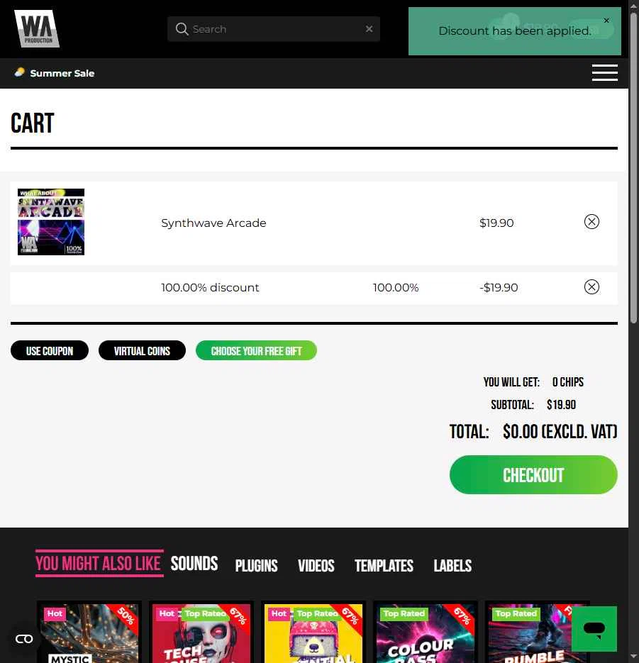 W. A. Production checkout page showing W. A. Production promo code box | Screenshot taken by SimplyCodes community member on Aug 6, 2025