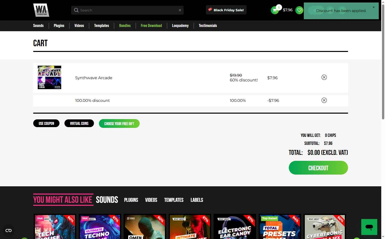 W. A. Production checkout page showing W. A. Production promo code box | Screenshot taken by SimplyCodes community member on Dec 1, 2025
