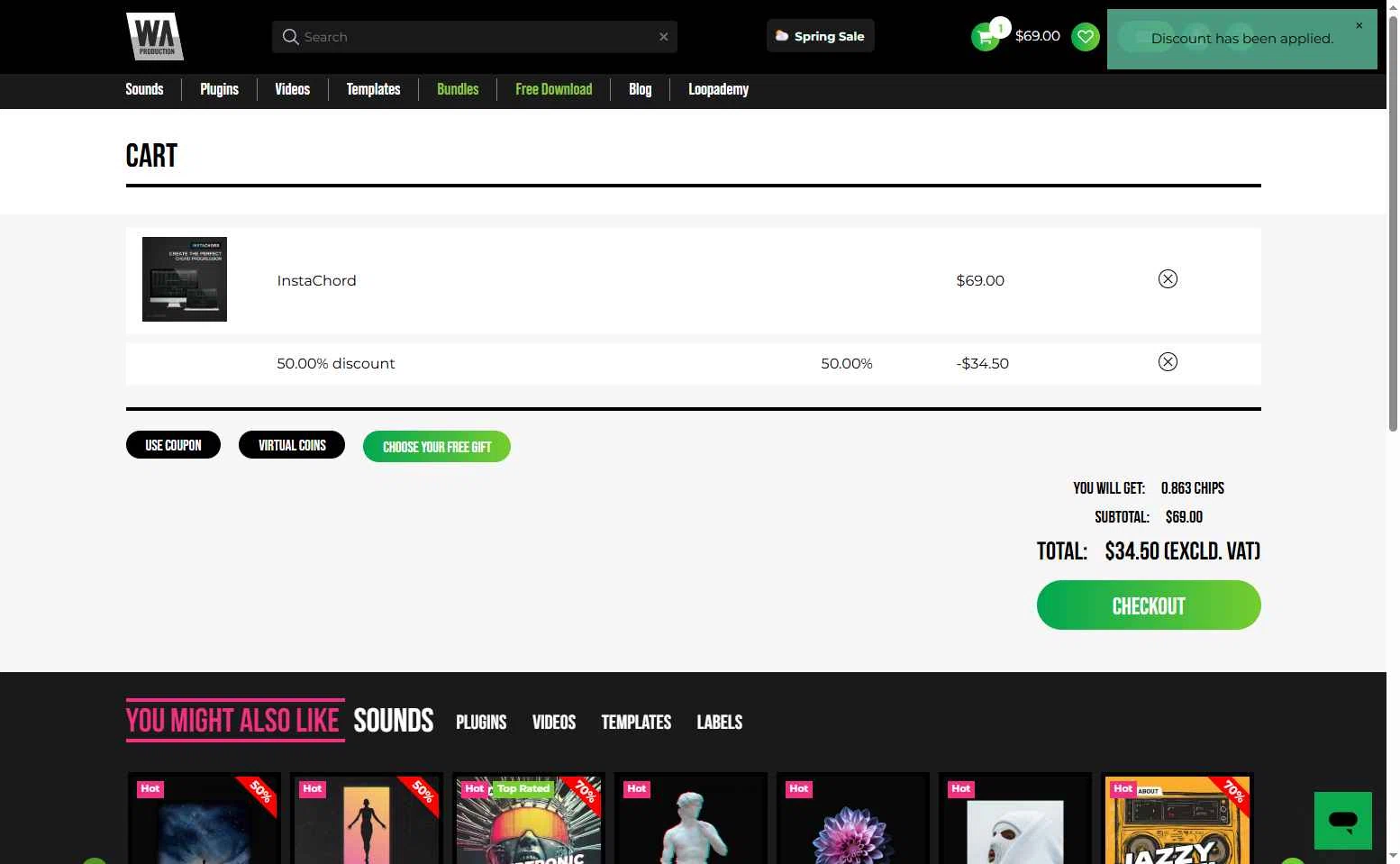 W. A. Production checkout page showing W. A. Production promo code box | Screenshot taken by SimplyCodes community member on May 19, 2025