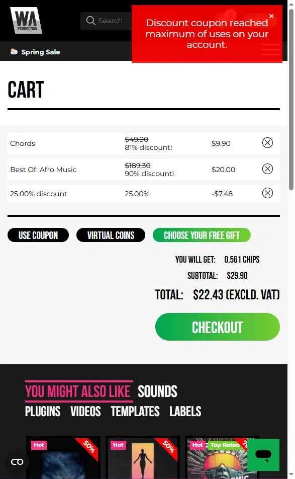 W. A. Production checkout page showing W. A. Production promo code box | Screenshot taken by SimplyCodes community member on May 19, 2025