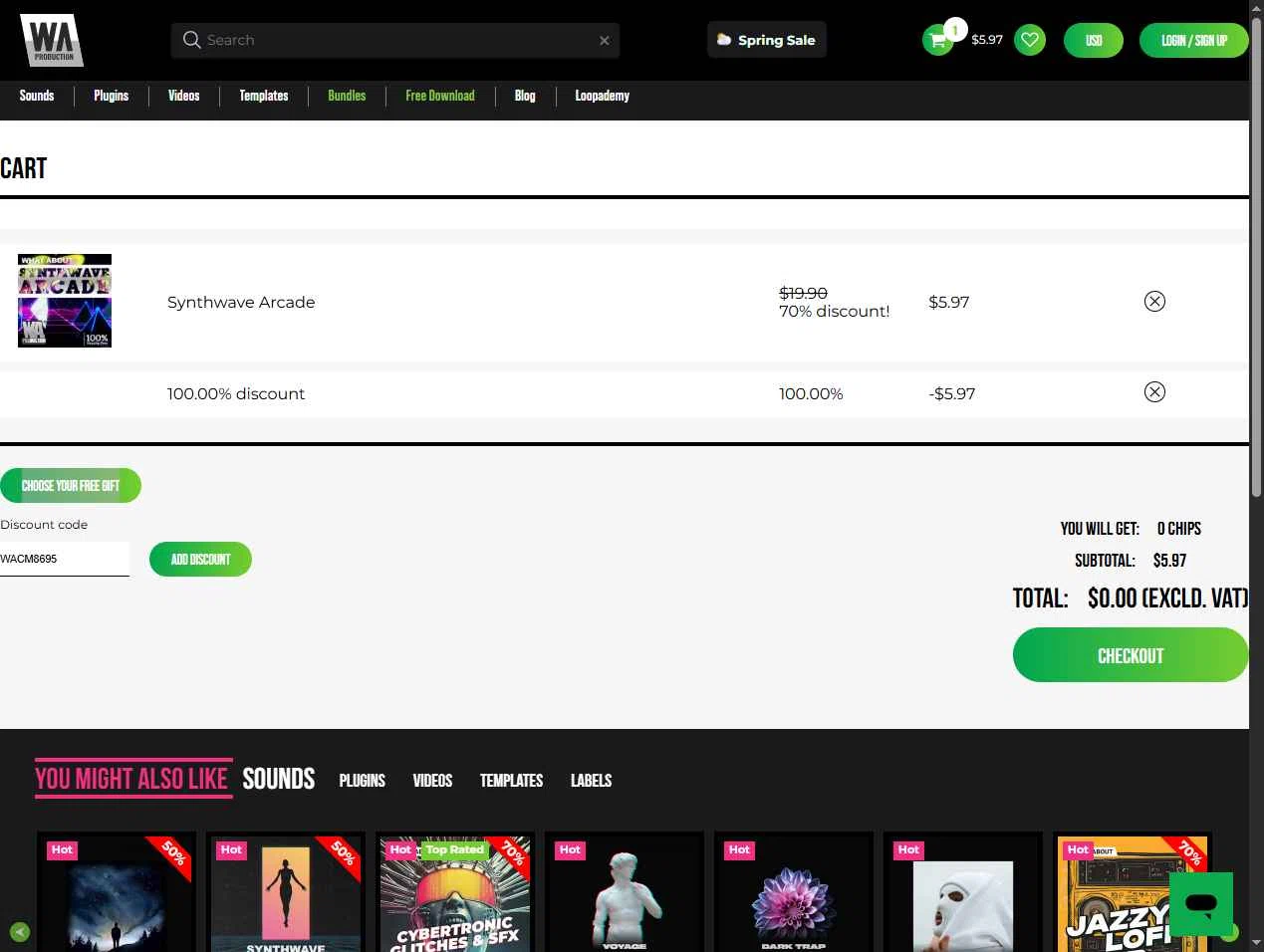 W. A. Production checkout page showing W. A. Production promo code box | Screenshot taken by SimplyCodes community member on May 19, 2025
