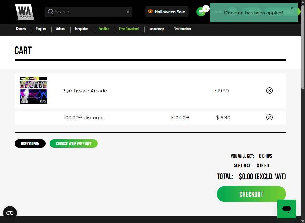 W. A. Production checkout page showing W. A. Production promo code box | Screenshot taken by SimplyCodes community member on Nov 5, 2025