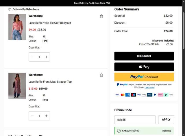 Warehouse Fashion checkout page showing Warehouse Fashion discount code box | Screenshot taken by SimplyCodes community member on Aug 3, 2025