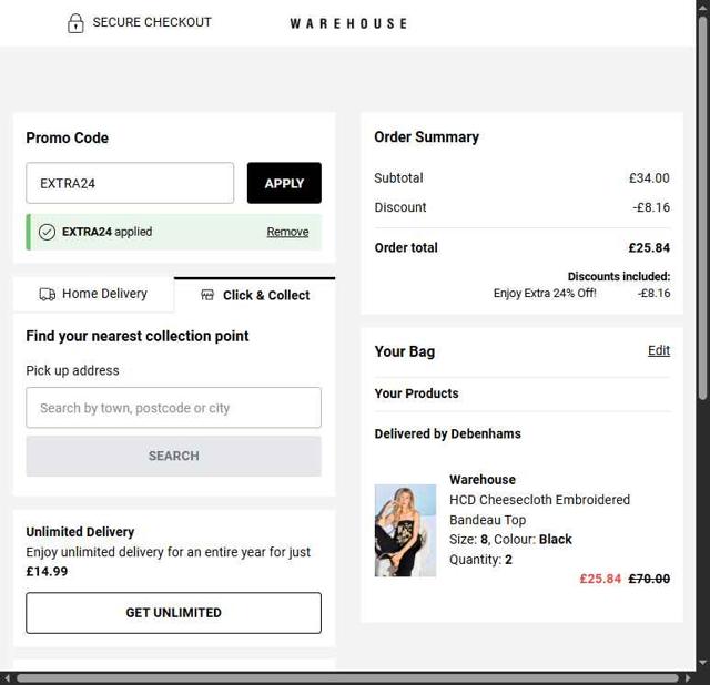 Warehouse Fashion checkout page showing Warehouse Fashion discount code box | Screenshot taken by SimplyCodes community member on Aug 8, 2025