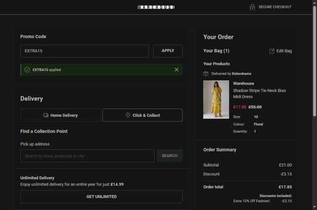 Warehouse Fashion checkout page showing Warehouse Fashion discount code box | Screenshot taken by SimplyCodes community member on Sep 2, 2025