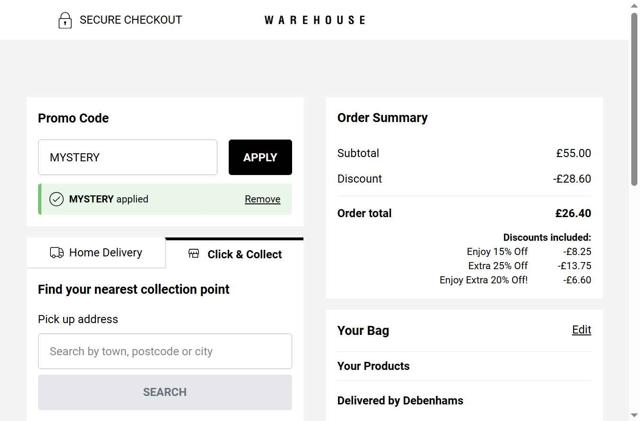 Warehouse Fashion checkout page showing Warehouse Fashion discount code box | Screenshot taken by SimplyCodes community member on Jul 30, 2025