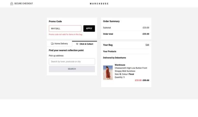 Warehouse Fashion checkout page showing Warehouse Fashion discount code box | Screenshot taken by SimplyCodes community member on Aug 28, 2025