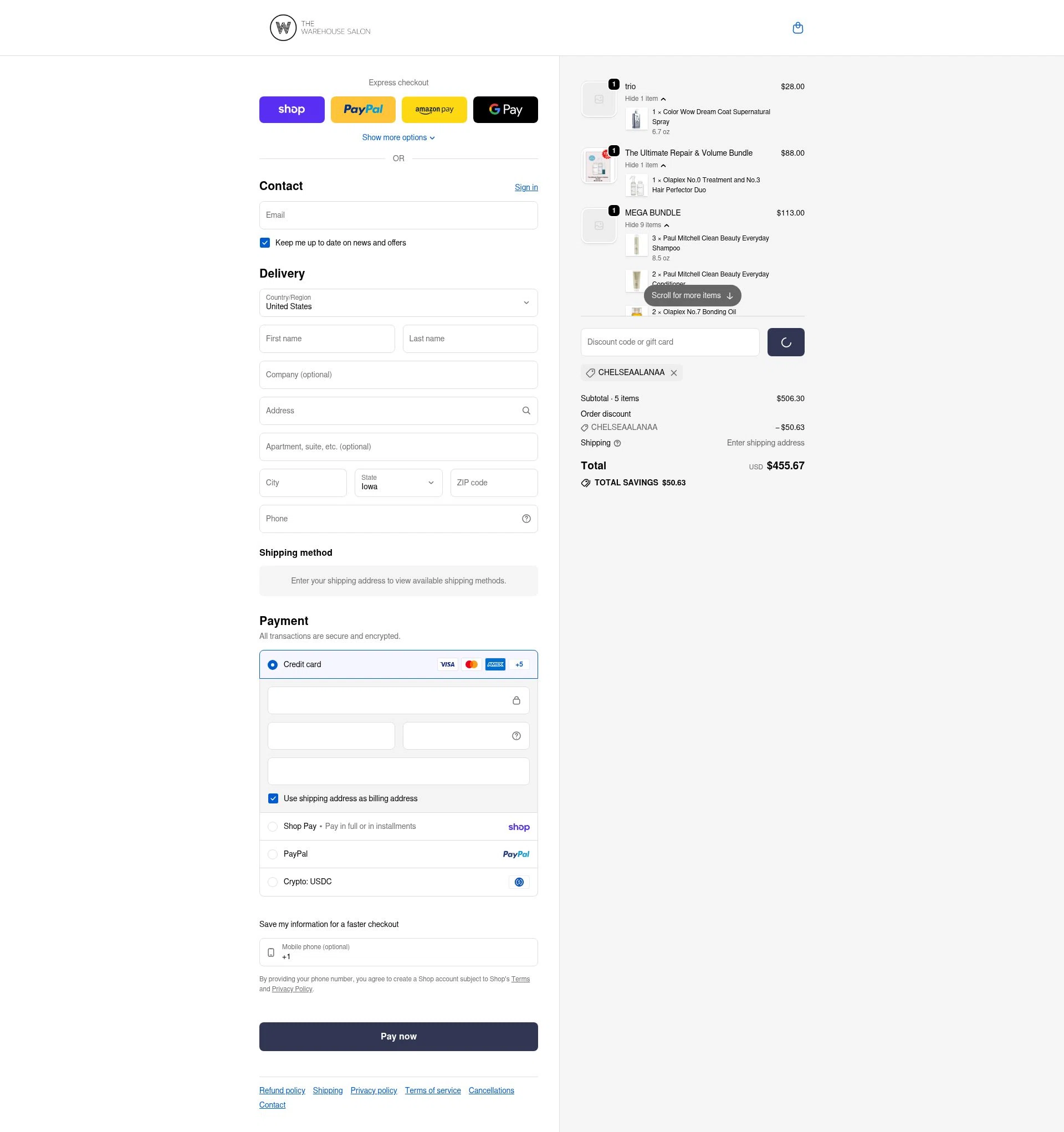 The Warehouse Salon checkout page showing The Warehouse Salon coupon code box | Screenshot taken by SimplyCodes community member on Feb 11, 2026