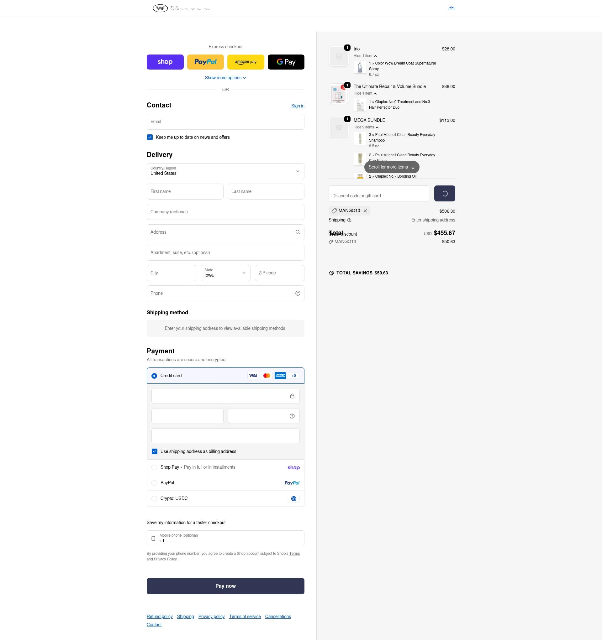 The Warehouse Salon checkout page showing The Warehouse Salon coupon code box | Screenshot taken by SimplyCodes community member on Feb 11, 2026